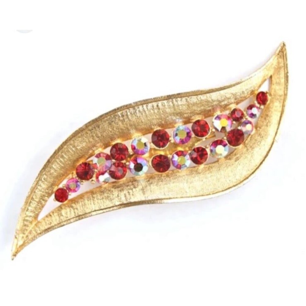 Vintage Red Aurora Borealis Rhinestone Goldplated Leaf Brooch Pin